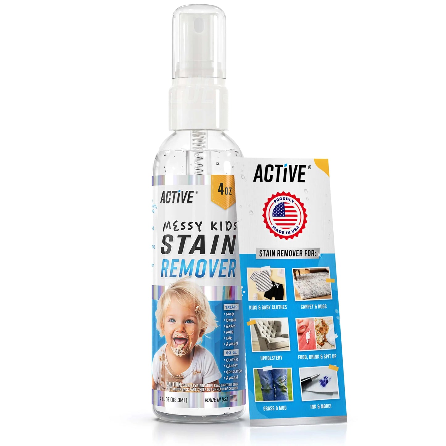 ACTIVE Messy Kids Stain Remover Spray Laundry Spot Cleaner Natural Stain Treater Spray for Baby Clothes Fabric Toddler Clothing Rescue Mess Removal for Food Oil Stains Great for Travel - 4 oz